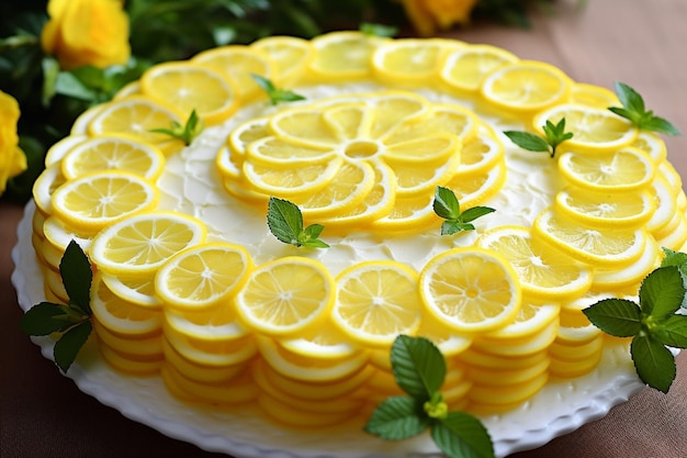 Um bolo de limão decorado com redemoinhos de cobertura de creme de manteiga de limão