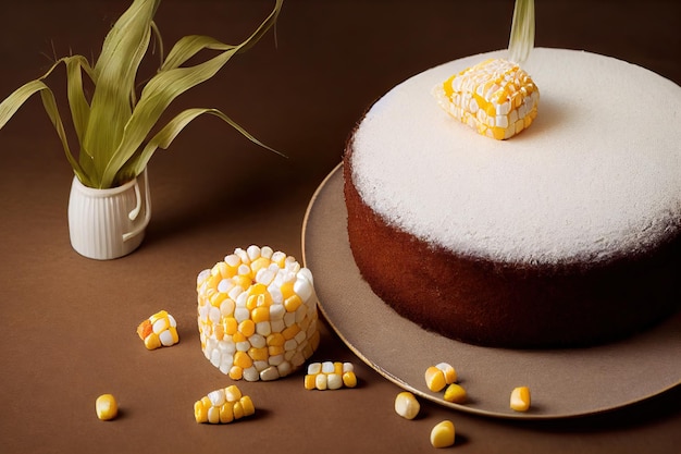 Um bolo de milho em um prato sobre uma mesa de madeira com espigas de milho e fatias. Bolo de fubá redondo caseiro. Típico brasileiro.