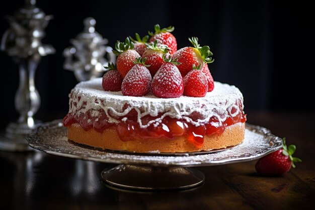 Um bolo de morango adornado com um ninho de caramelo girado