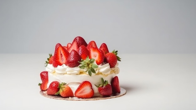 Um bolo de morango com chantilly e morangos por cima