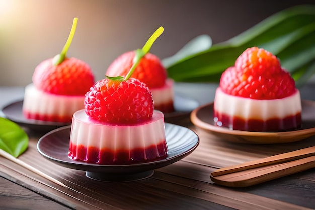 um bolo de morango com uma colher de pau num prato.