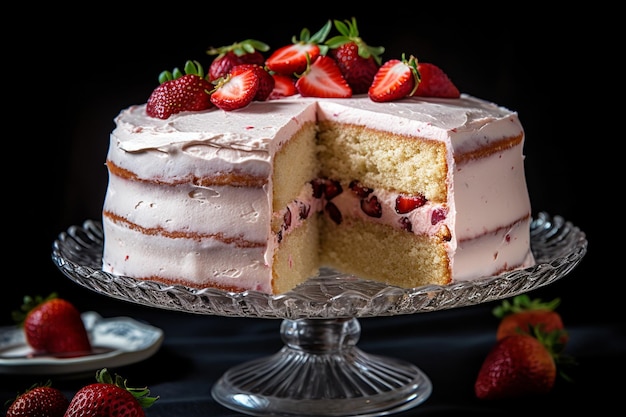 Um bolo de morango com uma fatia cortada