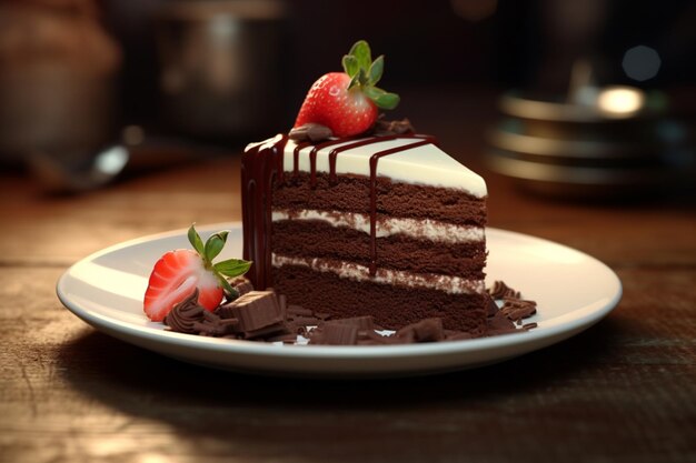 Foto um bolo de morango e chocolate compartilham um prato em uma sobremesa