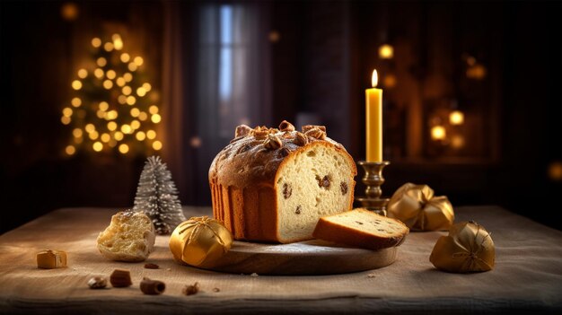 Um bolo de natal com uma vela atrás dele