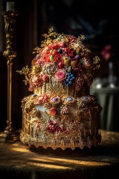 Um bolo de ouro com flores em cima