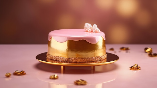 Um bolo de ouro com uma cobertura rosa no topo