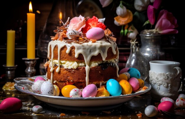 um bolo de Páscoa numa borda com ovos