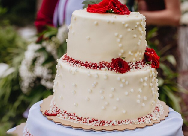 Foto um bolo de três andares com rosas vermelhas no topo