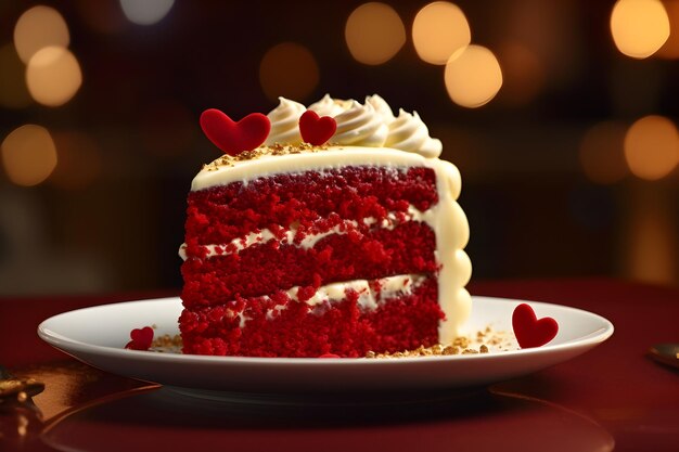 um bolo de veludo vermelho com corações no topo