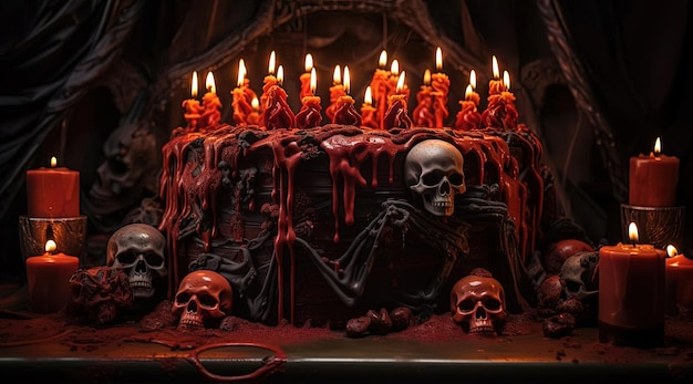 um bolo decorado com caveiras de chocolate e velas no estilo sombrio e misterioso