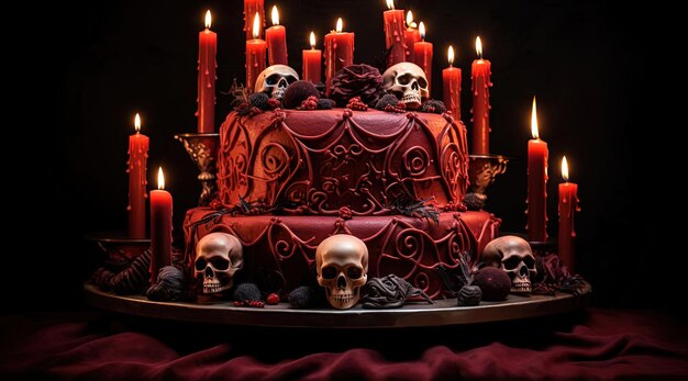 um bolo decorado com uma caveira e algumas velas no estilo vermelho claro e âmbar escuro