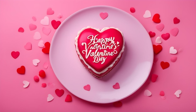 um bolo em forma de coração com um topo em forma de corazón senta-se em um prato rosa com um bolo en forma de coração rosa