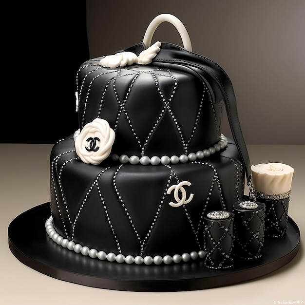 um bolo preto com um laço branco e uma garrafa de champanhe e um cupcake.