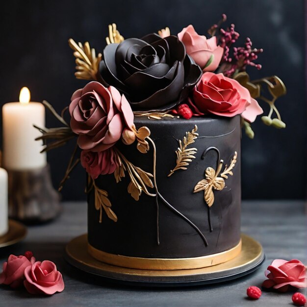 um bolo preto e dourado com rosas e folhas em uma mesa