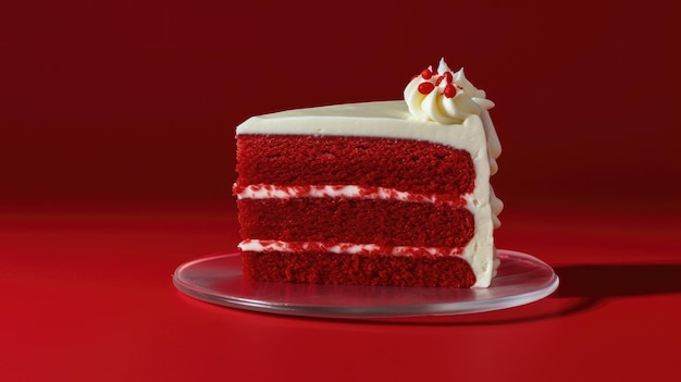 Um bolo red velvet com cobertura branca e fundo vermelho.