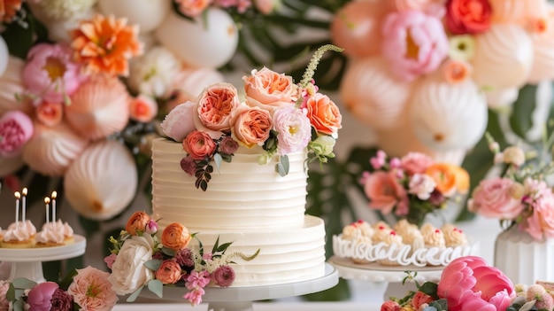 Um bolo ricamente decorado com flores e frutas em uma mesa festiva