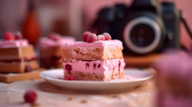 Um bolo rosa com framboesas no topo