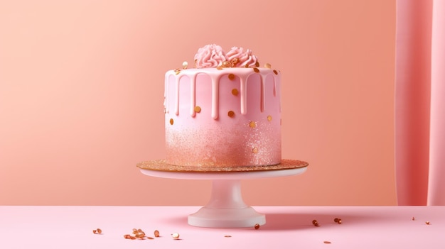 Um bolo rosa com pontos dourados no topo está em um suporte de bolo rosa.