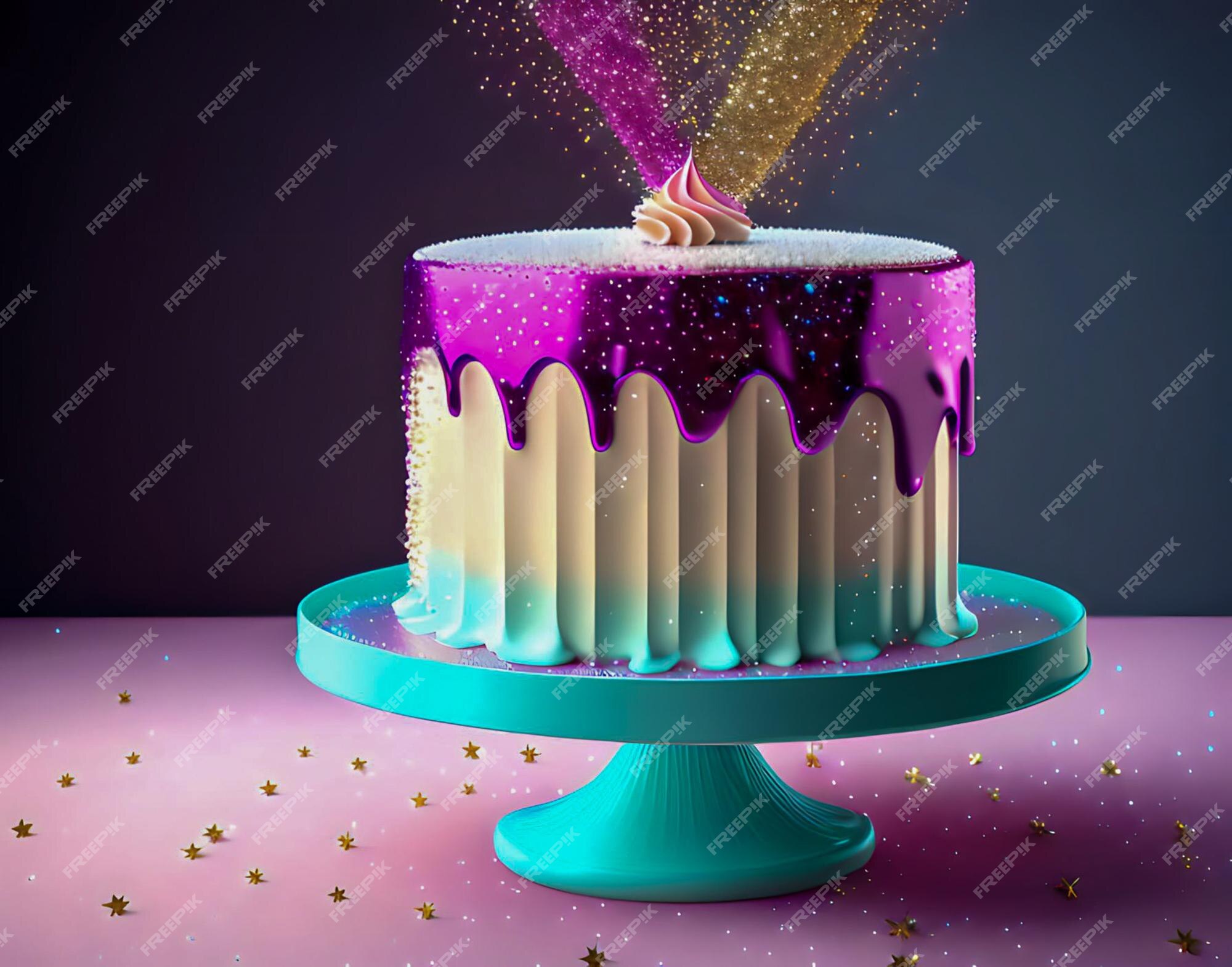 Bolo de várias camadas de feliz aniversário com glacê roxo e