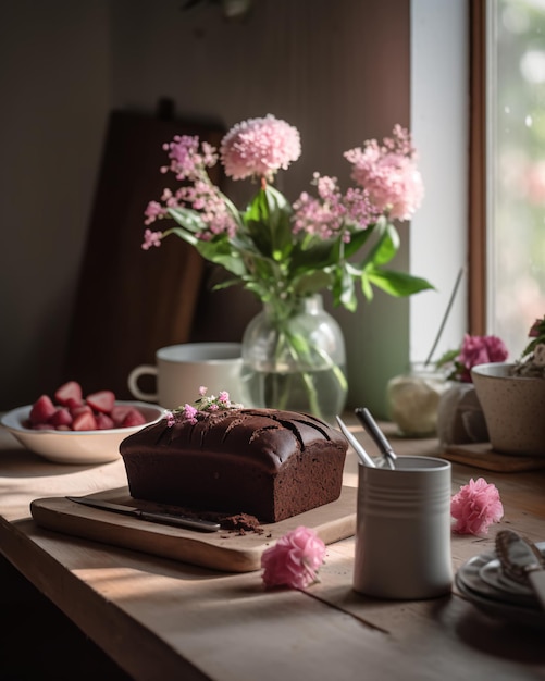 Um bolo sobre uma tábua de corte com um vaso de flores ao fundo.