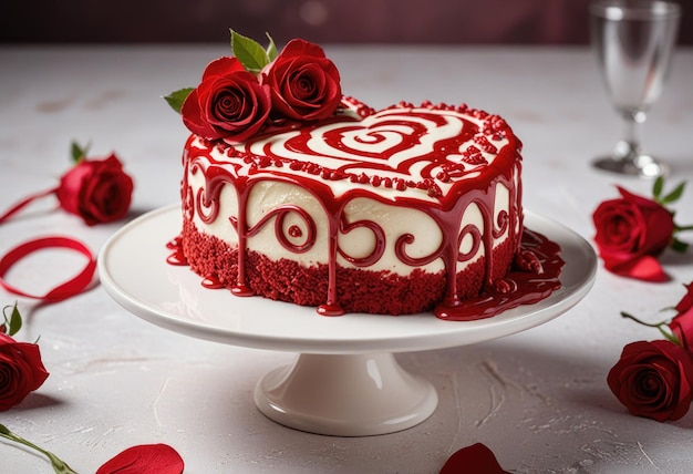 Um bolo vermelho decadente em forma de coração senta-se orgulhosamente em um suporte de bolo branco brilhante