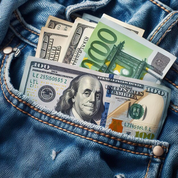 Um bolso de jeans azuis com notas de dólar