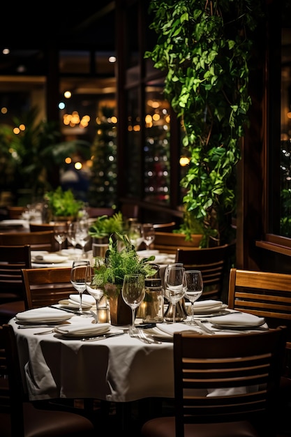 Um bom jantar num restaurante elegante com vista para as luzes da cidade.