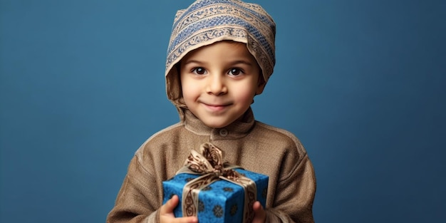 Um bom jovem árabe felizmente surpreendido com um presente em suas mãos com um fundo azul