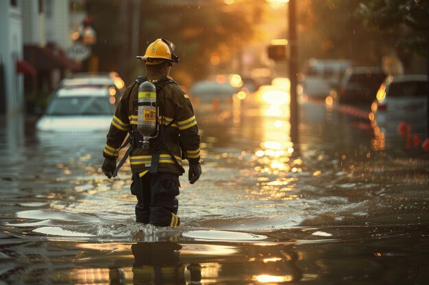 Um bombeiro caminhando por uma rua inundada