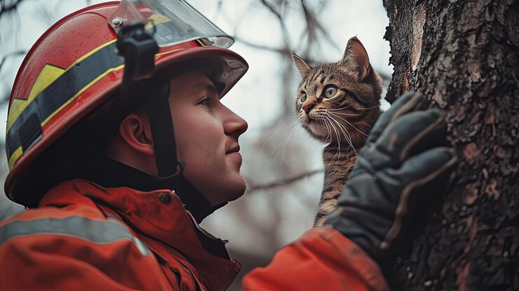 Foto um bombeiro com um capacete vermelho olha para um gato preso em uma árvore