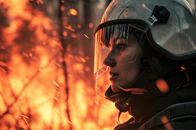 Foto um bombeiro corajoso em uniforme protege a natureza das chamas.