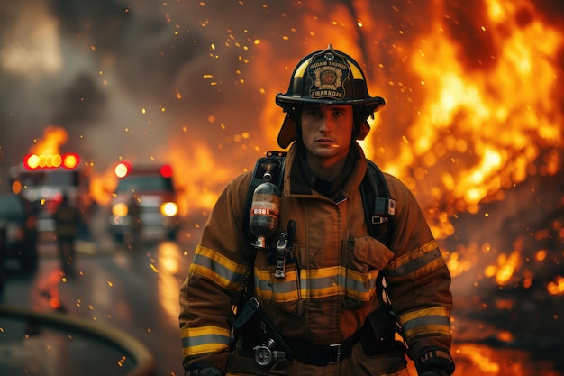 Um bombeiro de aparência séria enfrenta um inferno flamejante com chamas laranjas ferozes, refletindo o perigo de sua profissão de salvação de vidas.