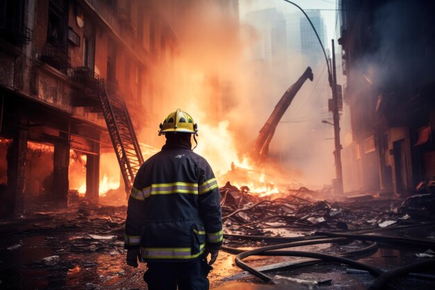 Foto um bombeiro de pé em frente a um incêndio em um edifício