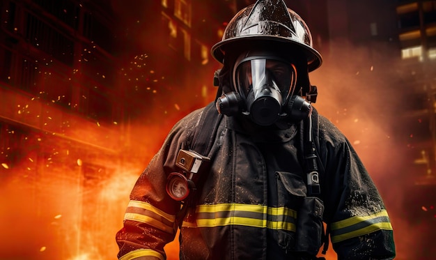 Um bombeiro de pé em frente a um incêndio