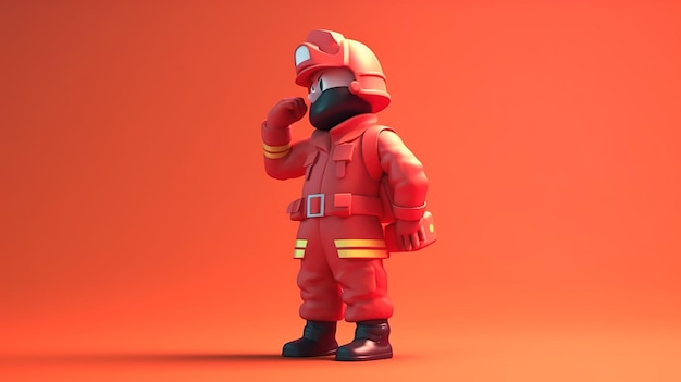 Um bombeiro de uniforme vermelho fica na frente de um fundo vermelho.