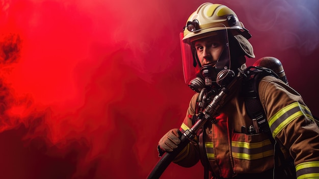 Um bombeiro em equipamento completo segurando uma mangueira poderosa pronta para combater incêndios