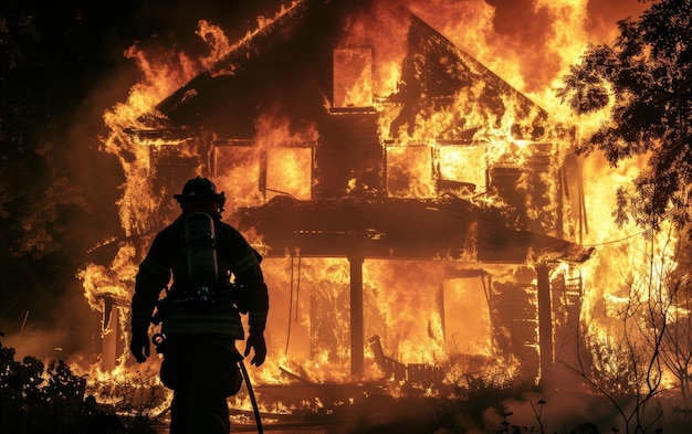 Um bombeiro em silhueta contra um incêndio em uma casa à noite iluminando os arredores escuros.