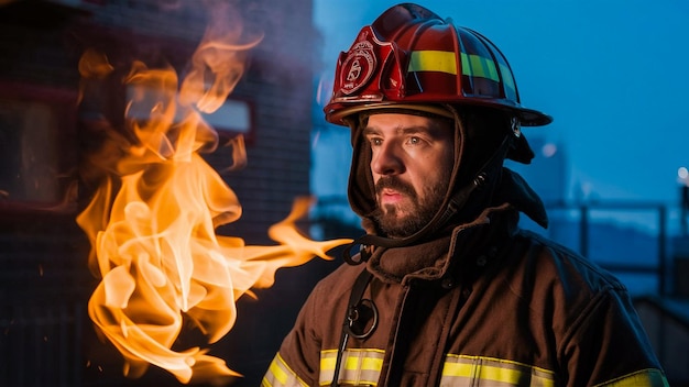 um bombeiro em um terno de incêndio com um bombeiro no fundo