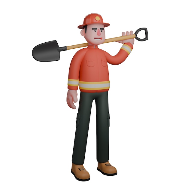 Um bombeiro está de pé com uma pá no ombro esquerdo Personagem de resgate