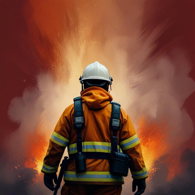 Foto um bombeiro está de pé em frente a um edifício em chamas