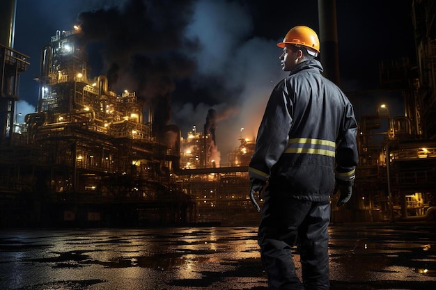 Um bombeiro está em frente a um grande prédio industrial com fumaça saindo dele.