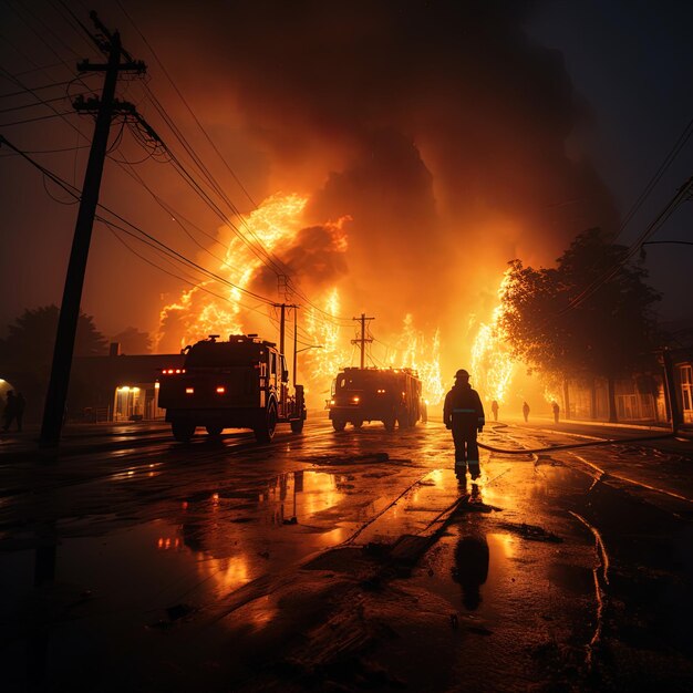 um bombeiro está em frente a um incêndio queimando