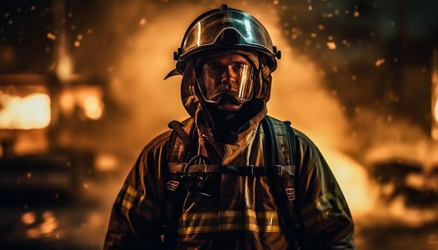 Um bombeiro está em frente a um prédio em chamas.