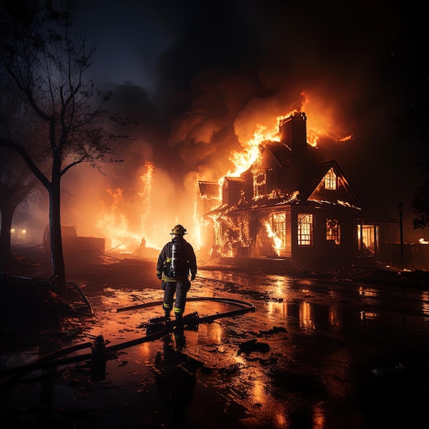 um bombeiro está em frente a uma casa que tem chamas nele