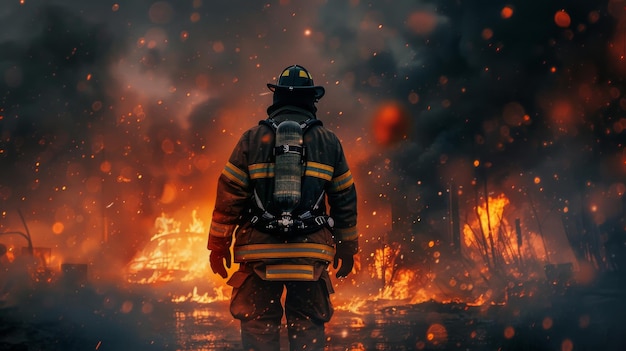 Foto um bombeiro fica corajosamente em frente a um incêndio furioso