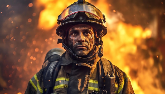 Um bombeiro fica na frente de um incêndio ardente