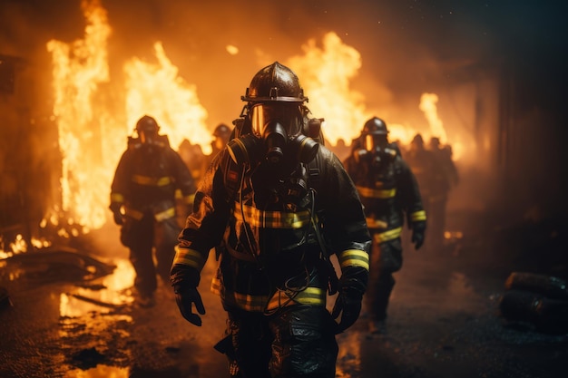 Um bombeiro Heróis com roupas de proteção combatem chamas perigosas ao ar livre