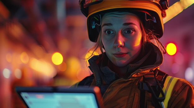 um bombeiro olha para um computador tablet enquanto trabalha em uma fábrica