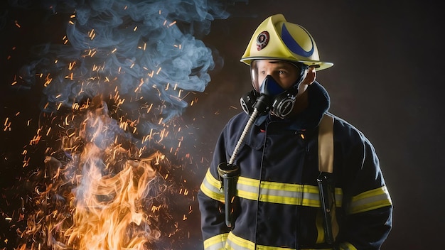 Um bombeiro profissional vestido de uniforme e uma máscara de oxigênio de pé em faíscas de fogo e fumaça