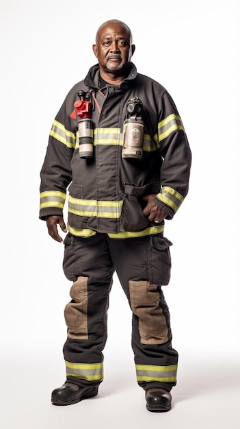 Foto um bombeiro vestindo um uniforme de bombeiro com fogo extinguindo sua mangueira de incêndio